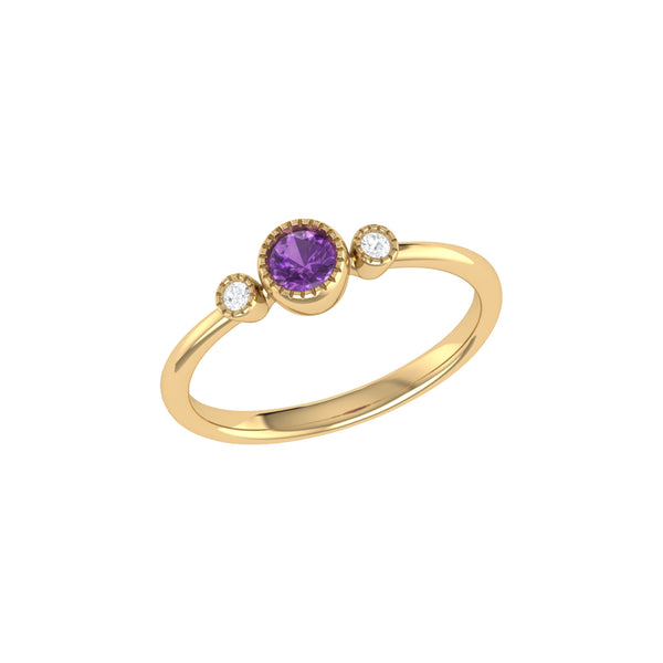 LuvMyJewelry Round Cut Amethyst & Diamond Birthstone Ring in 14K Yellow Gold