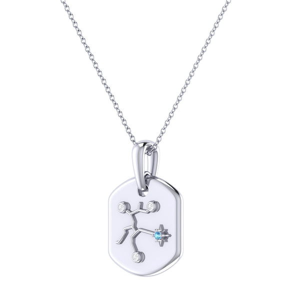LuvMyJewelry Sagittarius Archer Blue Topaz & Diamond Constellation Tag Pendant Necklace In Sterling Silver