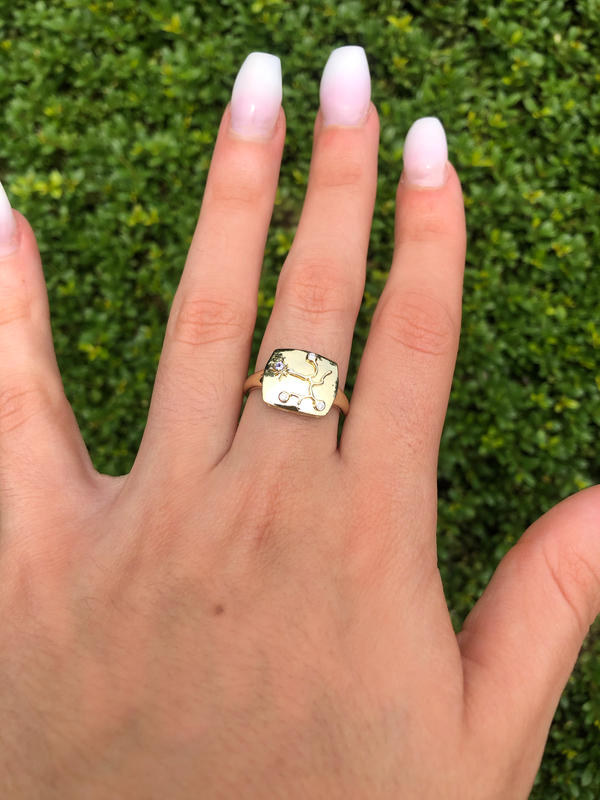 LuvMyJewelry Sagittarius Archer Blue Topaz & Diamond Constellation Signet Ring In 14K Yellow Gold