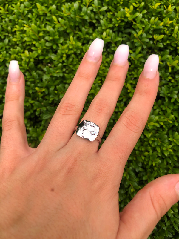 LuvMyJewelry Sagittarius Archer Blue Topaz & Diamond Constellation Signet Ring In 14K White Gold