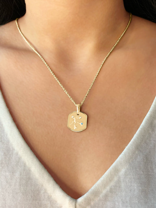 LuvMyJewelry Sagittarius Archer Blue Topaz & Diamond Constellation Tag Pendant Necklace In 14K Yellow Gold