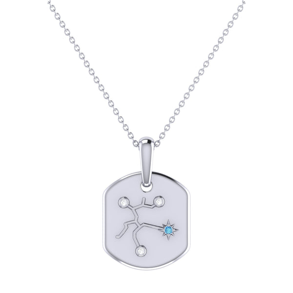 LuvMyJewelry Sagittarius Archer Blue Topaz & Diamond Constellation Tag Pendant Necklace in 14K White Gold