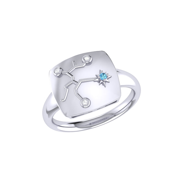 LuvMyJewelry Sagittarius Archer Blue Topaz & Diamond Constellation Signet Ring in Sterling Silver