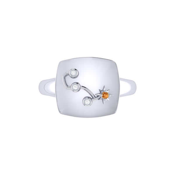 LuvMyJewelry Scorpio Citrine & Diamond Constellation Signet Ring In 14K White Gold