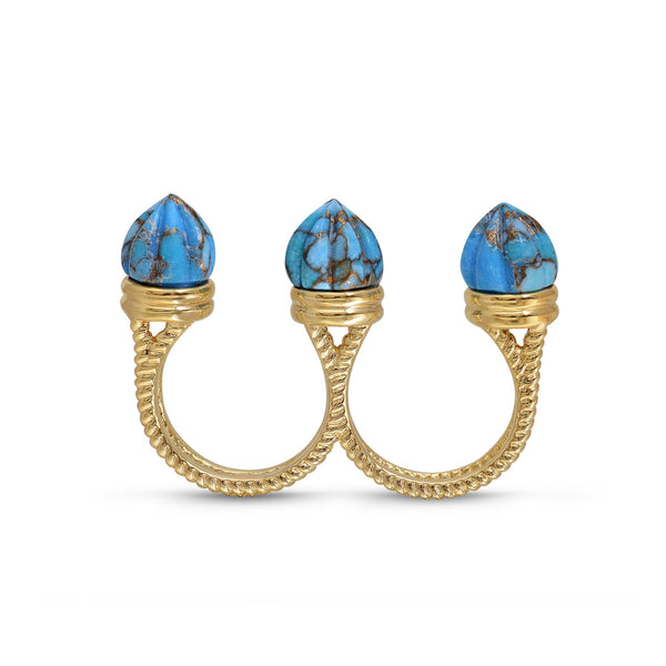 LuvMyJewelry Sea Breeze Multi-Finger Turquoise Open Ring In 14K Yellow Gold Plated Sterling Silver