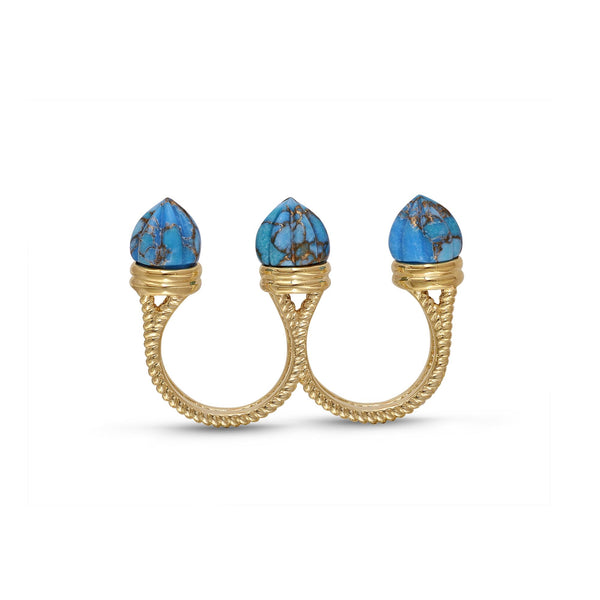 LuvMyJewelry Sea Breeze Multi-Finger Turquoise Open Ring In 14K Yellow Gold Plated Sterling Silver