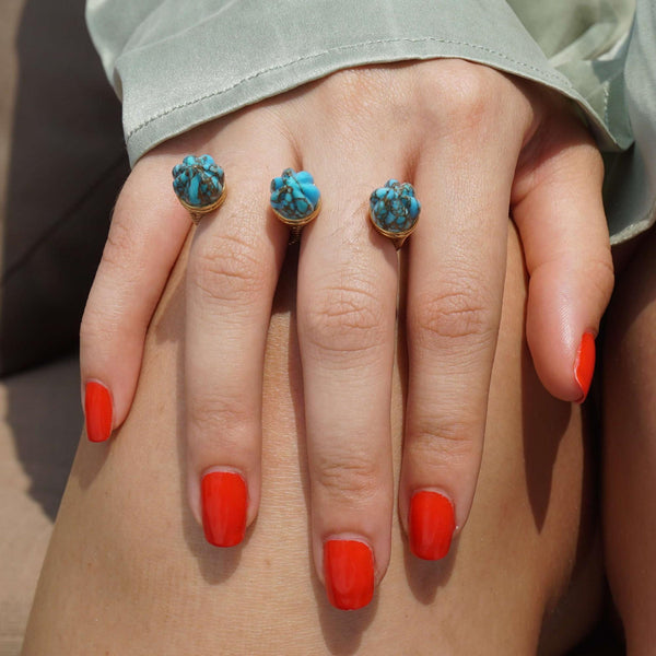 LuvMyJewelry Sea Breeze Multi-Finger Turquoise Open Ring In 14K Yellow Gold Plated Sterling Silver