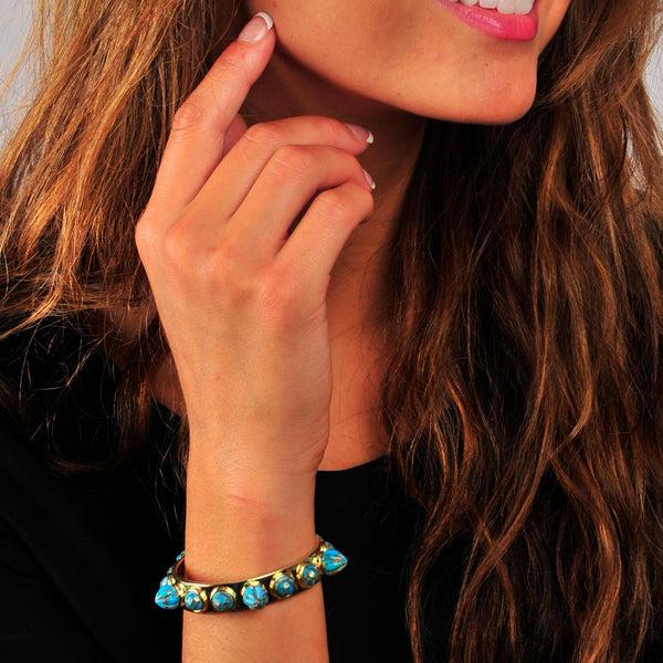 LuvMyJewelry Sea Breeze Turquoise Studded Cuff In 14K Yellow Gold Plated Sterling Silver