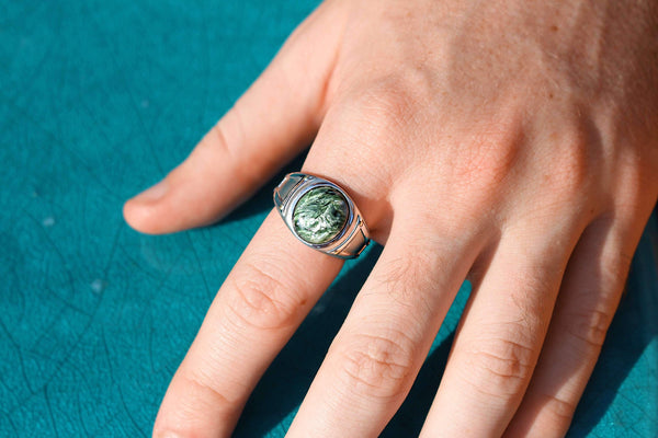 LuvMyJewelry Seraphinite Iconic Stone Signet Ring In Sterling Silver
