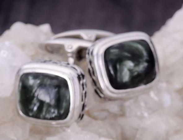 LuvMyJewelry Seraphinite Stone Cufflinks In Black Rhodium Plated Sterling Silver