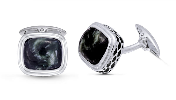 LuvMyJewelry Seraphinite Stone Cufflinks In Black Rhodium Plated Sterling Silver
