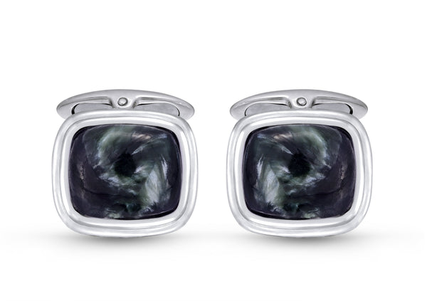 LuvMyJewelry Seraphinite Stone Cufflinks in Black Rhodium Plated Sterling Silver