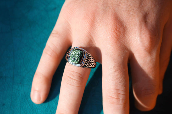 LuvMyJewelry Seraphinite Stone Signet Ring In Black Rhodium Plated Sterling Silver