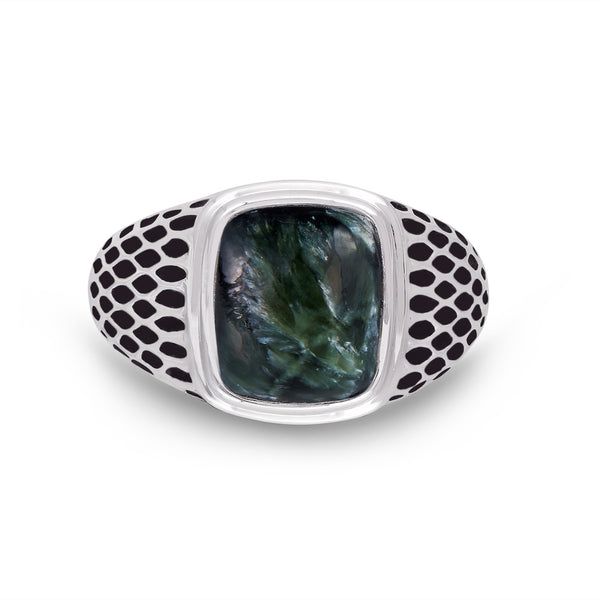 LuvMyJewelry Seraphinite Stone Signet Ring in Black Rhodium Plated Sterling Silver
