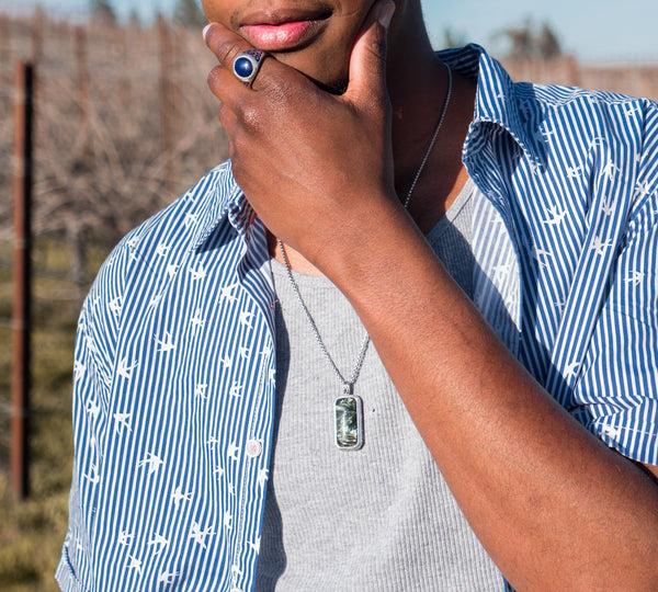 LuvMyJewelry Seraphinite Stone Tag In Black Rhodium Plated Sterling Silver