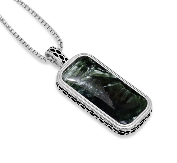 LuvMyJewelry Seraphinite Stone Tag In Black Rhodium Plated Sterling Silver