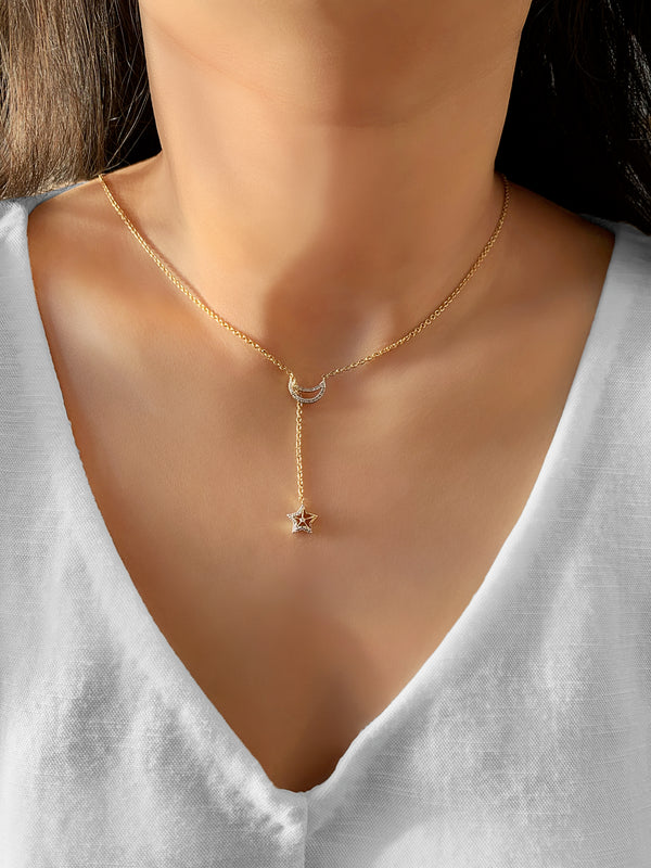 LuvMyJewelry Shooting Star Moon Crescent Diamond Necklace In 14K Yellow Gold Vermeil On Sterling Silver