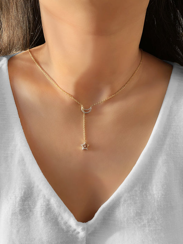 LuvMyJewelry Shooting Star Moon Crescent Diamond Necklace In 14K Yellow Gold