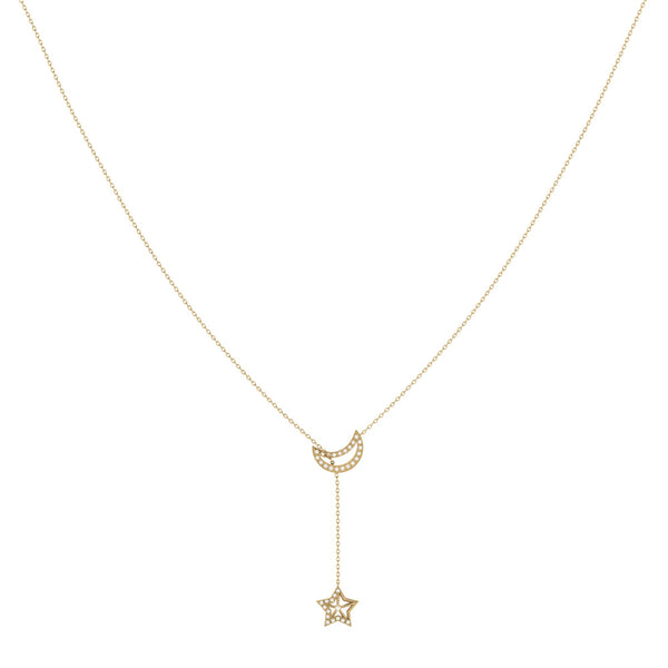 LuvMyJewelry Shooting Star Moon Crescent Diamond Necklace In 14K Yellow Gold