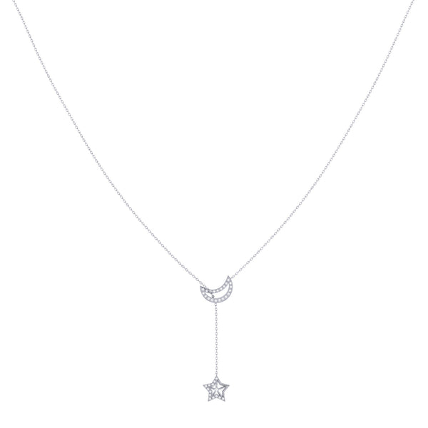 LuvMyJewelry Shooting Star Moon Crescent Diamond Necklace In 14K White Gold