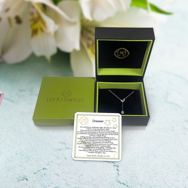 LuvMyJewelry Shooting Star Moon Crescent Diamond Necklace In 14K White Gold