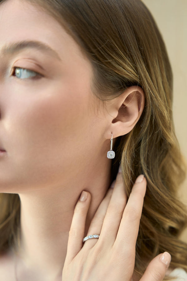 LuvMyJewelry Skye Pave Square Shape Diamond Drop Huggie Hoop Earrings In 14K White Gold