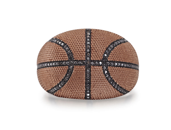 LuvMyJewelry Slam Dunk Basketball Brown Rhodium Plated Sterling Silver Black Diamond Ring