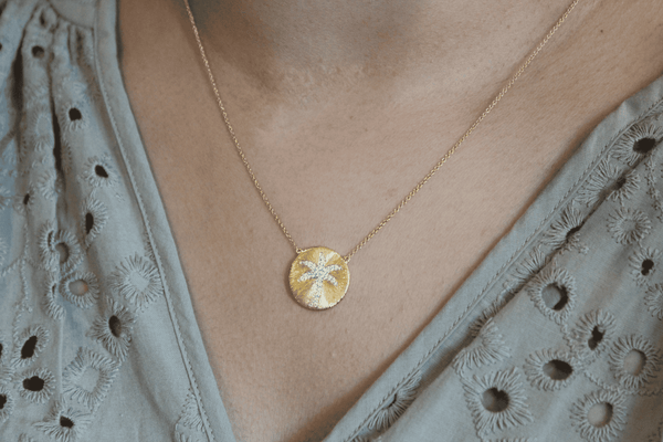 LuvMyJewelry Soleil Palm Diamond Studded Round Disc Pendant In 14K Yellow Gold