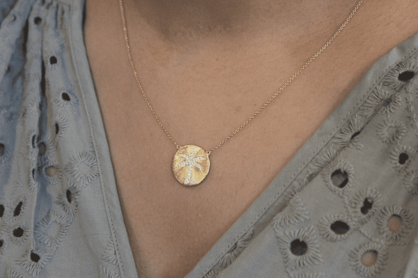 LuvMyJewelry Soleil Palm Diamond Studded Round Disc Pendant In 14K Yellow Gold