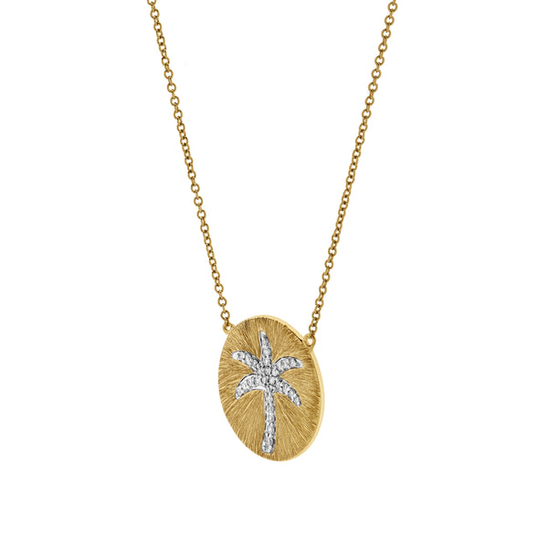 LuvMyJewelry Soleil Palm Diamond Studded Round Disc Pendant In 14K Yellow Gold
