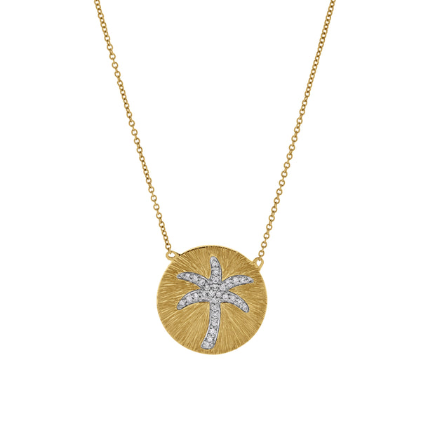 LuvMyJewelry Soleil Palm Diamond Studded Round Disc Pendant in 14K Yellow Gold
