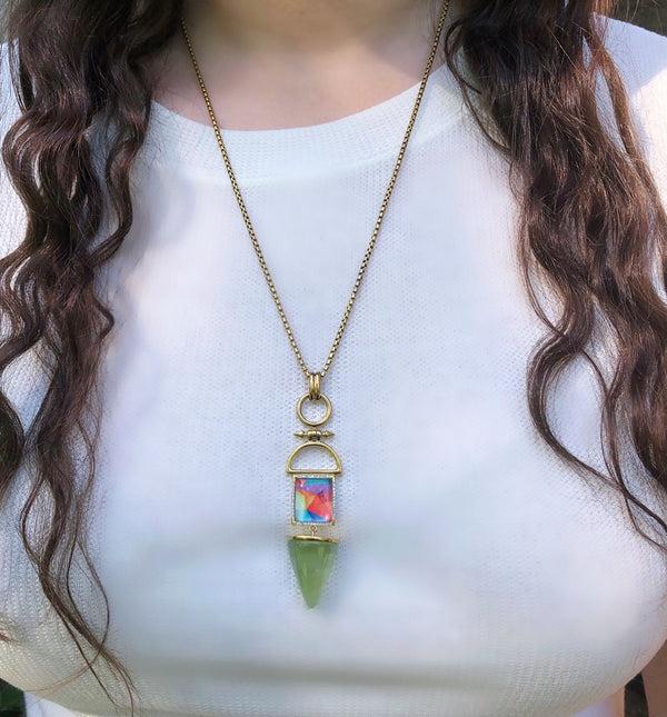 LuvMyJewelry Splashy Flashy Prehnite & Diamond Mosaic Necklace In 14K Yellow Gold Plated Sterling Silver