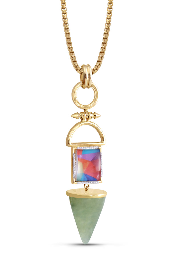 LuvMyJewelry Splashy Flashy Prehnite & Diamond Mosaic Necklace In 14K Yellow Gold Plated Sterling Silver