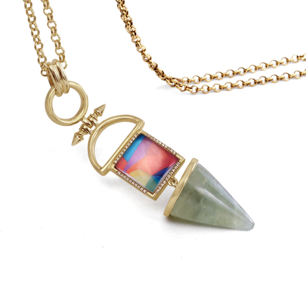 LuvMyJewelry Splashy Flashy Prehnite & Diamond Mosaic Necklace In 14K Yellow Gold Plated Sterling Silver