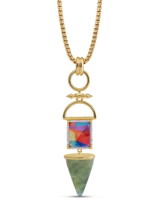 LuvMyJewelry Splashy Flashy Prehnite & Diamond Mosaic Necklace in 14K Yellow Gold Plated Sterling Silver