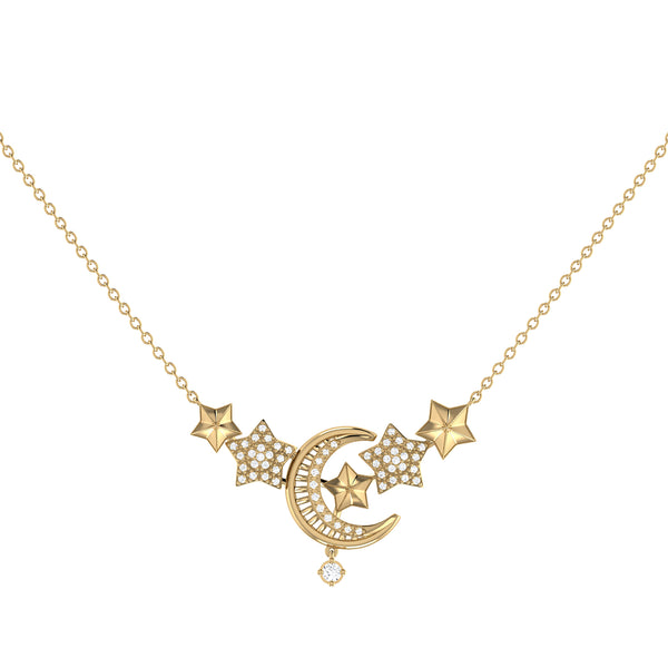 LuvMyJewelry Star Cluster Moon Crescent Diamond Necklace In 14K Yellow Gold Vermeil On Sterling Silver