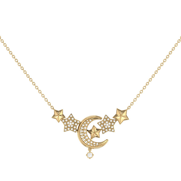 LuvMyJewelry Star Cluster Moon Crescent Diamond Necklace In 14K Yellow Gold