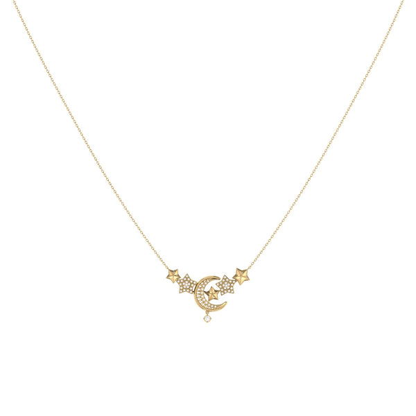 LuvMyJewelry Star Cluster Moon Crescent Diamond Necklace in 14K Yellow Gold