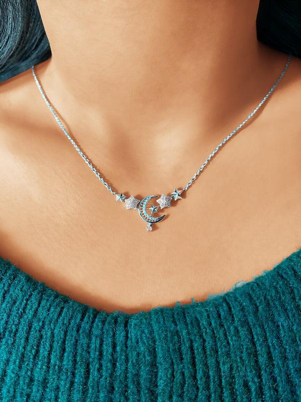 LuvMyJewelry Star Cluster Moon Crescent Diamond Necklace In 14K White Gold