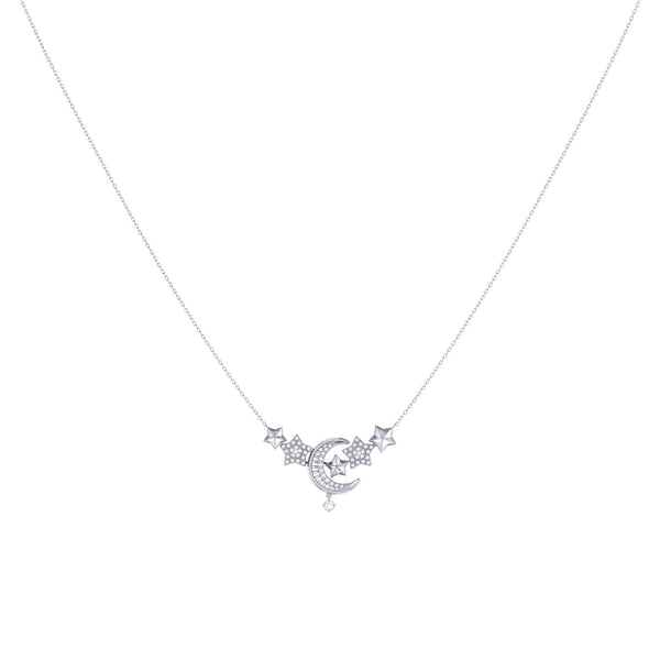 LuvMyJewelry Star Cluster Moon Crescent Diamond Necklace In 14K White Gold