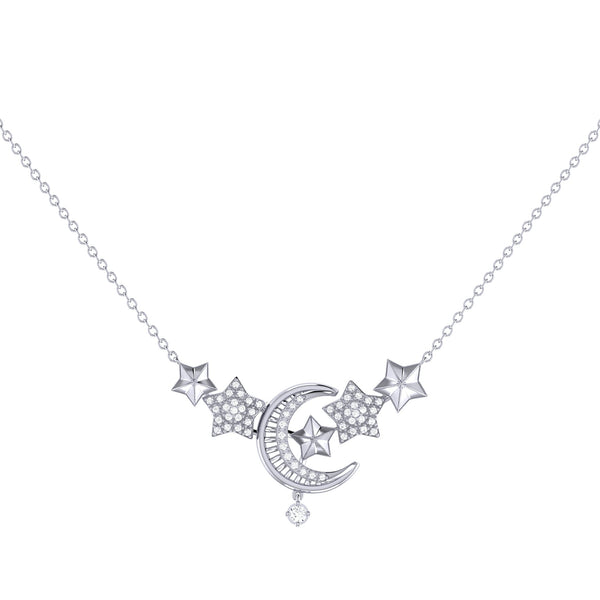 LuvMyJewelry Star Cluster Moon Crescent Diamond Necklace in 14K White Gold