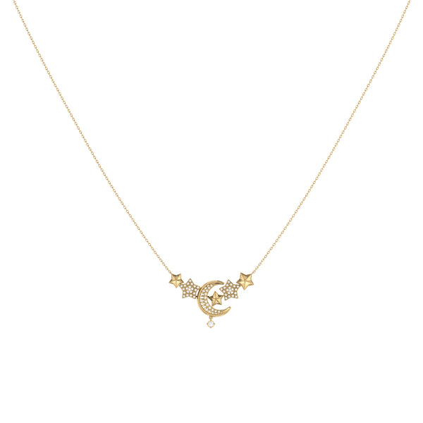 LuvMyJewelry Star Cluster Moon Crescent Diamond Necklace in 14K Yellow Gold Vermeil on Sterling Silver