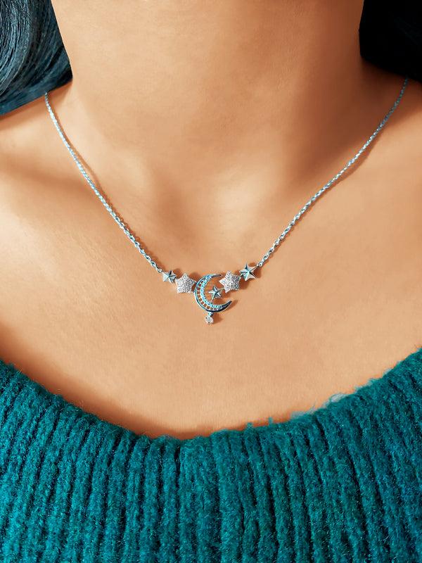 LuvMyJewelry Star Cluster Moon Crescent Diamond Necklace In Sterling Silver