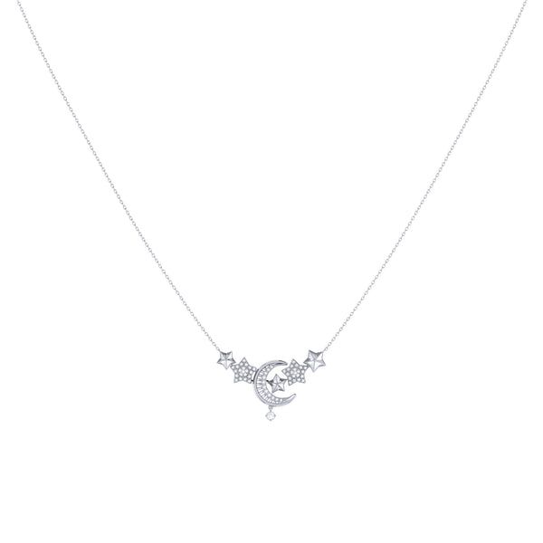 LuvMyJewelry Star Cluster Moon Crescent Diamond Necklace In Sterling Silver
