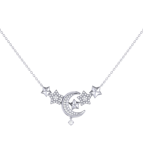 LuvMyJewelry Star Cluster Moon Crescent Diamond Necklace in Sterling Silver