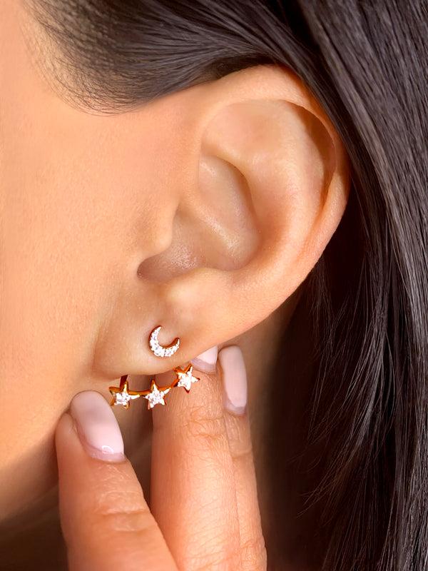 LuvMyJewelry Star Trio Crescent Diamond Stud Earrings In 14K Yellow Gold Vermeil On Sterling Silver