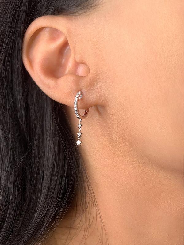 LuvMyJewelry Star Trio Lane Diamond Hoop Earrings In 14K White Gold
