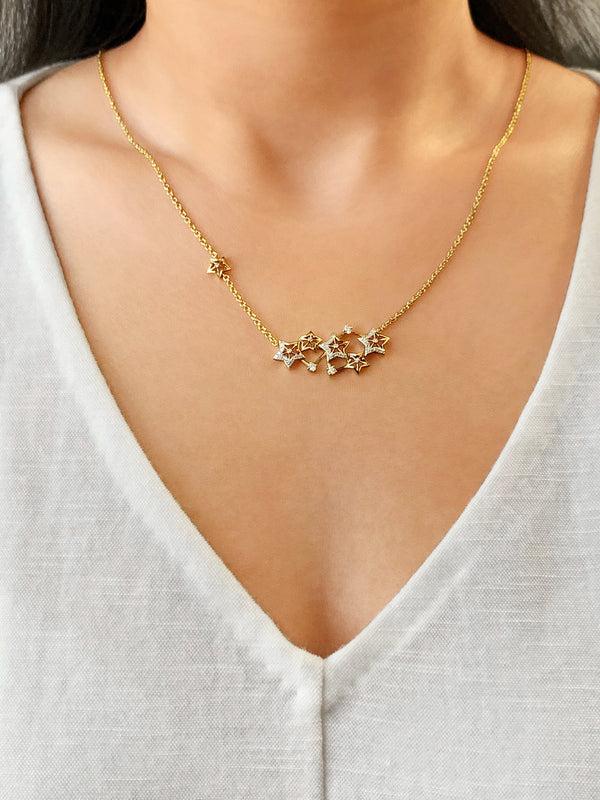 LuvMyJewelry Starburst Constellation Diamond Necklace In 14K Yellow Gold