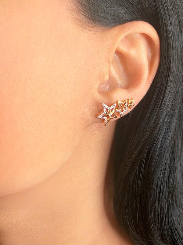 LuvMyJewelry Starburst Diamond Ear Climbers In Sterling Silver