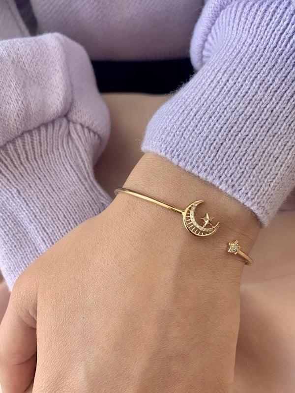 LuvMyJewelry Starkissed Crescent Adjustable Diamond Cuff In 14K Yellow Gold Vermeil On Sterling Silver